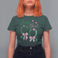 Funny St Patrick's Day Coquette T Shirt For Women Lucky Girl Horseshoe Pink Bow