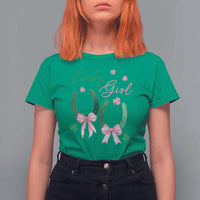 Funny St Patrick's Day Coquette T Shirt For Women Lucky Girl Horseshoe Pink Bow