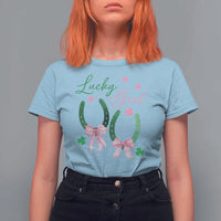 Funny St Patrick's Day Coquette T Shirt For Women Lucky Girl Horseshoe Pink Bow