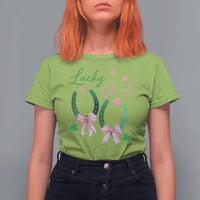 Funny St Patrick's Day Coquette T Shirt For Women Lucky Girl Horseshoe Pink Bow