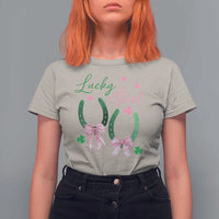 Funny St Patrick's Day Coquette T Shirt For Women Lucky Girl Horseshoe Pink Bow