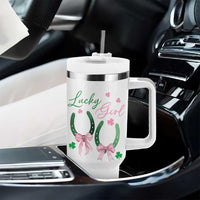 Funny St Patrick's Day Coquette Tumbler With Handle Lucky Girl Horseshoe Pink Bow