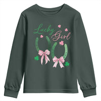 Funny St Patrick's Day Coquette Youth Sweatshirt Lucky Girl Horseshoe Pink Bow