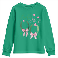 Funny St Patrick's Day Coquette Youth Sweatshirt Lucky Girl Horseshoe Pink Bow