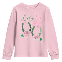 Funny St Patrick's Day Coquette Youth Sweatshirt Lucky Girl Horseshoe Pink Bow