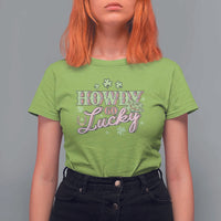 Funny St Patrick's Day Cowboy Cowgirl T Shirt For Women Howdy Go Lucky Shamrock