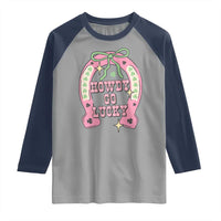 Funny St Patrick's Day Cowgirl Coquette Raglan Shirt Howdy Go Lucky Pink Horseshoe