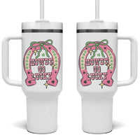 Funny St Patrick's Day Cowgirl Coquette Tumbler With Handle Howdy Go Lucky Pink Horseshoe