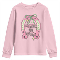 Funny St Patrick's Day Cowgirl Coquette Youth Sweatshirt Howdy Go Lucky Pink Horseshoe