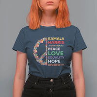 Harris Supporter T Shirt For Women Peace Love Equality Hope Diversity Retro Flower Peace Sign - Wonder Print Shop