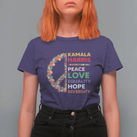 Harris Supporter T Shirt For Women Peace Love Equality Hope Diversity Retro Flower Peace Sign - Wonder Print Shop