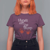 Pregnancy Announcement T Shirt For Women Hands Off The Bump Halloween Pregnant Red Baby Handprint - Wonder Print Shop