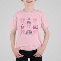 Halloween T Shirt For Kid Pink Bow Skull Haunted House Coquette Aesthetic - Wonder Print Shop