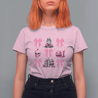 Halloween T Shirt For Women Pink Bow Skull Haunted House Coquette Aesthetic - Wonder Print Shop