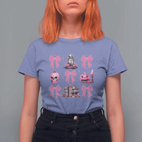 Halloween T Shirt For Women Pink Bow Skull Haunted House Coquette Aesthetic - Wonder Print Shop