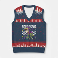 Funny Mardi Gras T-rex Dinosaur V-Neck Knit Sweater Vest Mardi Grawr Beads Carnival Party