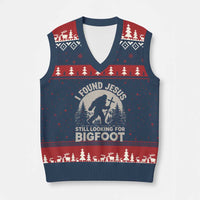 I Found Jesus Still Looking For Bigfoot V-Neck Knit Sweater Vest Funny Christian Sasquatch Forest