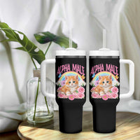 Alpha Male Funny Cat Tumbler With Handle Vintage 90s Kitten Rainbow Floral Butterflies