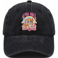 Alpha Male Funny Cat Washed Cotton Baseball Cap Vintage 90s Kitten Rainbow Floral Butterflies