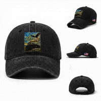 Train USA 250 Year Anniversary 1776 2026 Washed Cotton Baseball Cap Van Gogh Art Steam Locomotive Railroad Starry Night