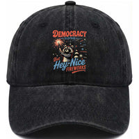 Funny Democracy Is Dying But Hey Nice Fireworks Washed Cotton Baseball Cap Racoon 4th Of July