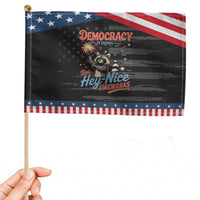 Funny Democracy Is Dying But Hey Nice Fireworks Patriotic Handheld Flag Racoon 4th Of July