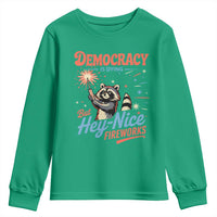 Funny Democracy Is Dying But Hey Nice Fireworks Youth Sweatshirt Racoon 4th Of July - Wonder Print Shop