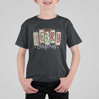 Merry Christmas Coquette Xmas Faux Glitter Gingham Tartan Doodle T Shirt For Kid - Wonder Print Shop