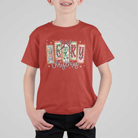 Merry Christmas Coquette Xmas Faux Glitter Gingham Tartan Doodle T Shirt For Kid - Wonder Print Shop