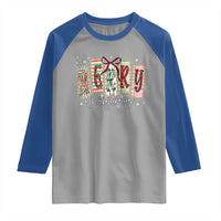 Merry Christmas Coquette Xmas Faux Glitter Gingham Tartan Doodle Raglan Shirt - Wonder Print Shop