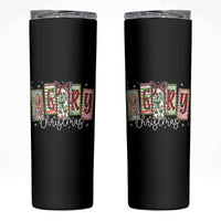 Merry Christmas Coquette Xmas Faux Glitter Gingham Tartan Doodle Skinny Tumbler - Wonder Print Shop