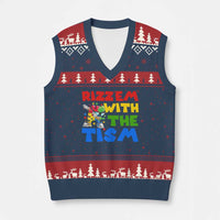 Funny Rizz Em With The Tism V-Neck Knit Sweater Vest Autism Awareness Dabbing Puzzle