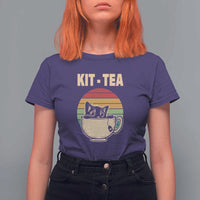 Funny Kitten T Shirt For Women Kit Tea Pun Cute Black Cat Retro Tea Cup - Wonder Print Shop