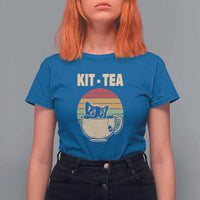 Funny Kitten T Shirt For Women Kit Tea Pun Cute Black Cat Retro Tea Cup - Wonder Print Shop