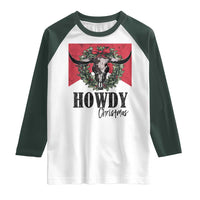 Western Howdy Christmas Raglan Shirt Longhorn Skull Xmas Wreath - Wonder Print Shop