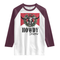 Western Howdy Christmas Raglan Shirt Longhorn Skull Xmas Wreath - Wonder Print Shop