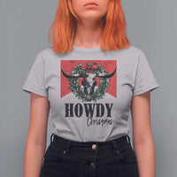 Western Xmas T Shirt For Women Howdy Christmas Cow Skull Xmas Wreath - Wonder Print Shop