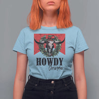 Western Xmas T Shirt For Women Howdy Christmas Cow Skull Xmas Wreath - Wonder Print Shop