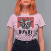 Western Xmas T Shirt For Women Howdy Christmas Cow Skull Xmas Wreath - Wonder Print Shop