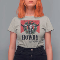 Western Xmas T Shirt For Women Howdy Christmas Cow Skull Xmas Wreath - Wonder Print Shop