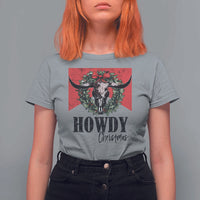 Western Xmas T Shirt For Women Howdy Christmas Cow Skull Xmas Wreath - Wonder Print Shop