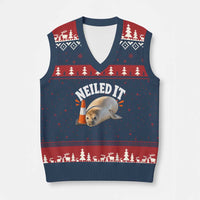 Neil The Seal Nailed It V-Neck Knit Sweater Vest Funny Tasmania Elephant Seal Traffic Cone Meme Art