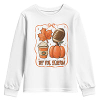 Tis The Season Fall Thanksgiving Youth Sweatshirt Retro Coquette Bow American Football Pumpkin - Wonder Print Shop