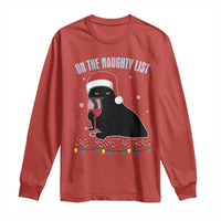 Funny Christmas Black Cat Long Sleeve Shirt On The Naughty List And I Regret Nothing Candy Cane