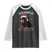 Funny Christmas Black Cat Raglan Shirt On The Naughty List And I Regret Nothing Candy Cane - Wonder Print Shop