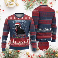 Funny Xmas Black Cat Ugly Christmas Sweater On The Naughty List And I Regret Nothing Candy Cane - Wonder Print Shop