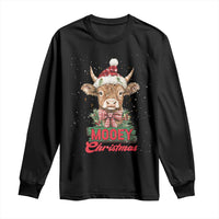 Funny Christmas Highland Cow Long Sleeve Shirt Mooey Christmas Western Cow Santa Hat