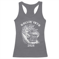 Funny Cowboy Raccoon Rollin Into 2026 Racerback Tank Top New Year Dumpster Fire 2026 Rodeo - Wonder Print Shop