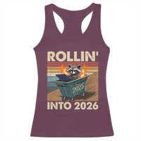 Funny Raccoon Rollin Into 2026 Racerback Tank Top New Year Dumpster Fire - Wonder Print Shop
