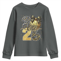 Happy New Year 2026 Youth Sweatshirt Hello 2026 Disco Ball Coquette Bow Faux Glitter - Wonder Print Shop
